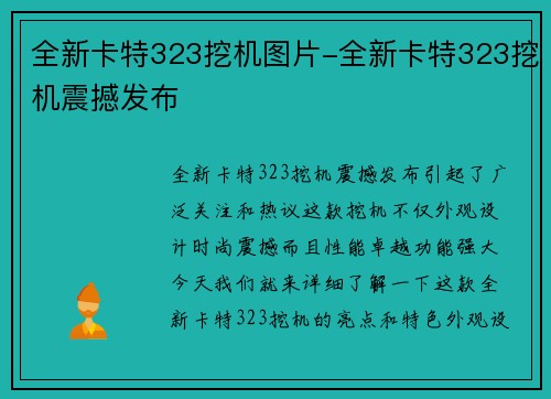 全新卡特323挖机图片-全新卡特323挖机震撼发布